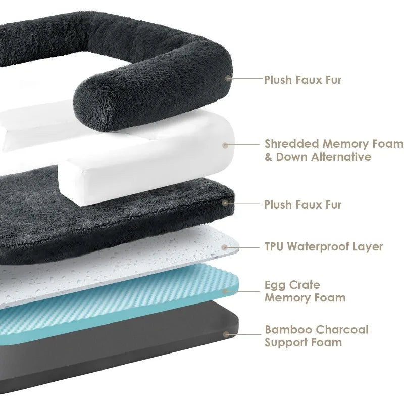 Foldable Human Dog Bed, Orthopedic Memory Foam Human Sized, Waterproof , Faux Fur Pet Couch for Adult, Dark Grey, 72"x44"x11"
