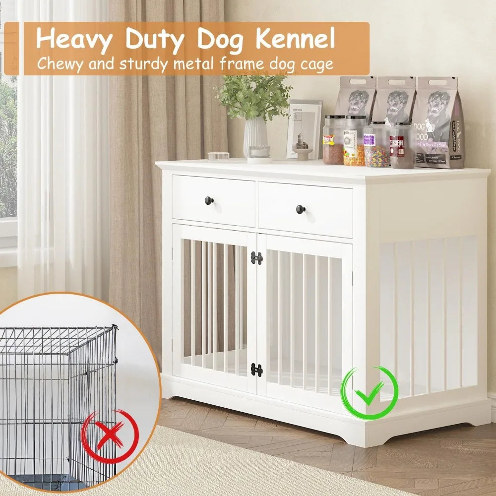 Masterpiece Dog Crate Furniture, 44 Inch Wooden Dog Kennel Indoor With 2 Storage Drawers, Heavy Duty Large Crate Furniture, Dec
