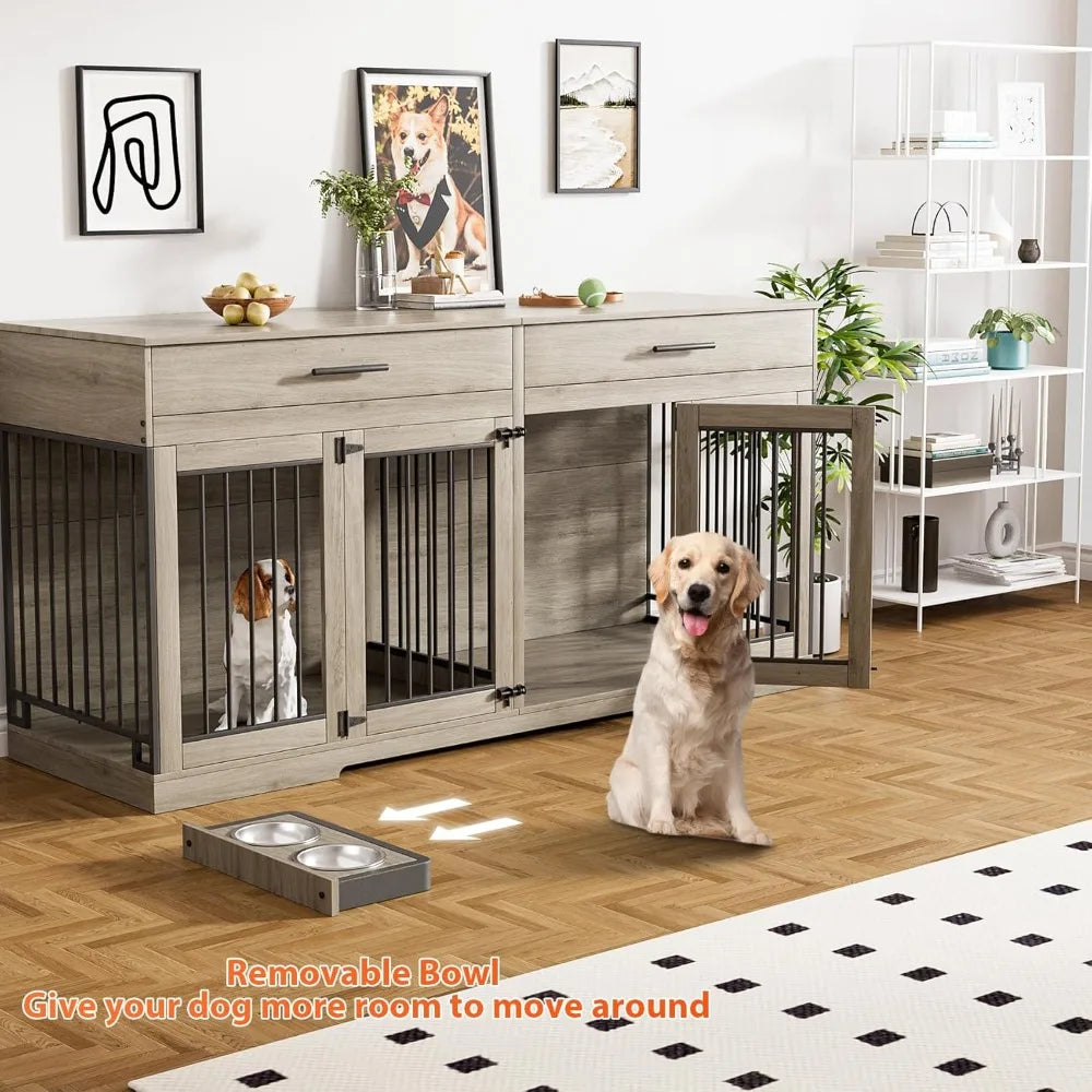 72" Dog Crate Furniture for 2 Dogs, Large Dog Kennel Furniture with 2 Storage Drawer and Removable Divider, Wooden Dog Cage