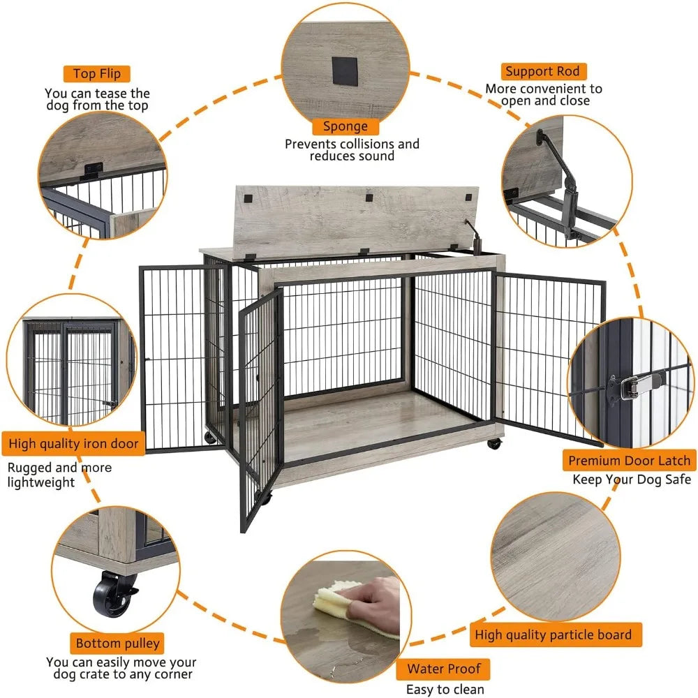 Dog Crate Furniture, Wooden Dog Crate Table, 43.7" Dog Kennel with 3 Doors, Flip-up Top Opening and Wheels, Decorative Pet Crat