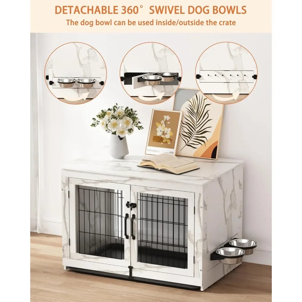 Wooden Dog Crate Furniture with 360°Rotatable Removable Dogs Bowls, Dogs Crate with Tray, Double Doors Doges Kennels for Dog