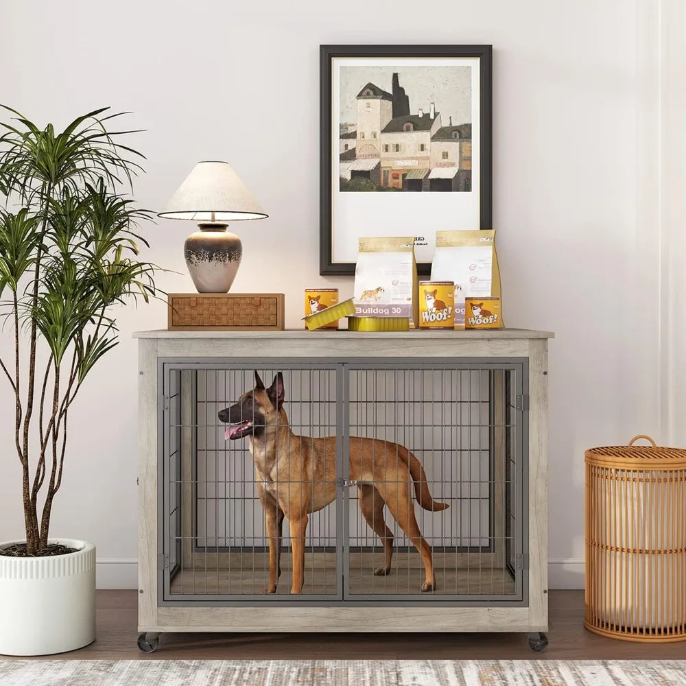 Dog Crate Furniture, Wooden Dog Crate Table, 43.7" Dog Kennel with 3 Doors, Flip-up Top Opening and Wheels, Decorative Pet Crat
