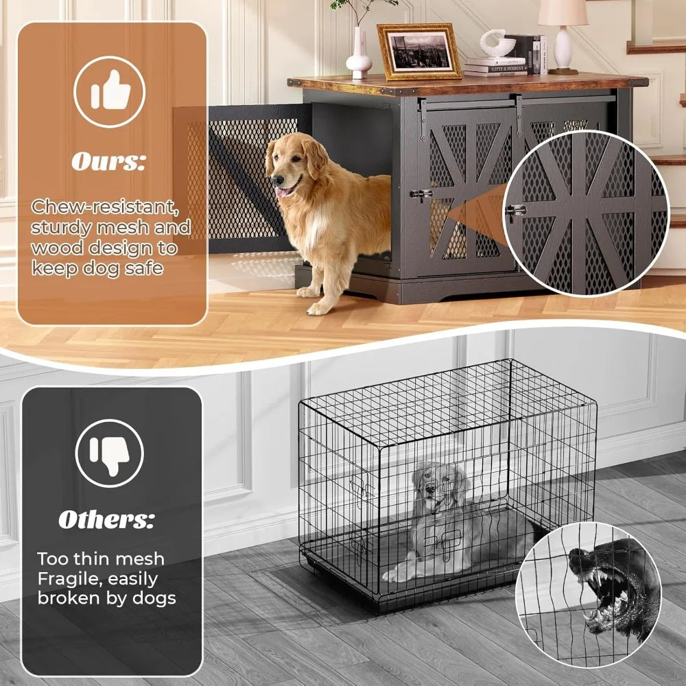 Farmhouse Large Dog Crate Furniture, Heavy Duty Dog Cage for Medium Large Dogs, XL Dog Crate Dog Kennel Indoor with Double Door