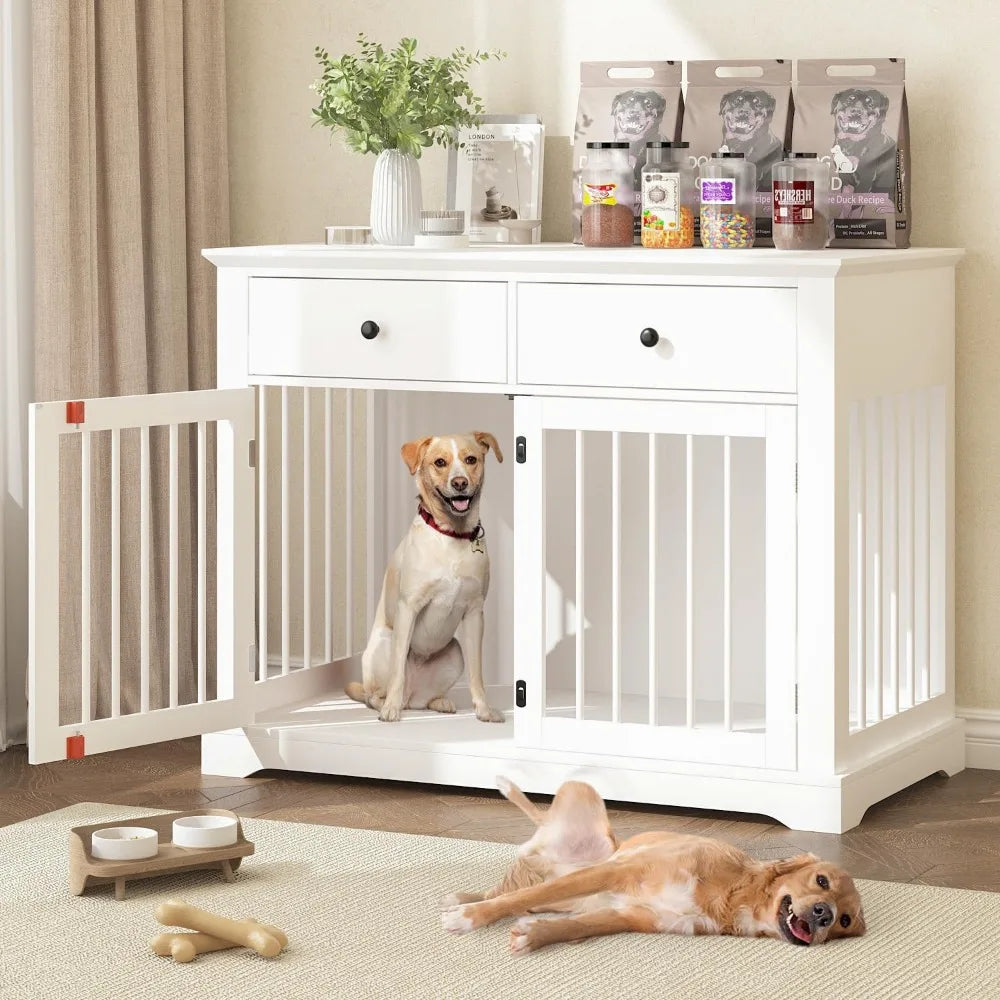 Masterpiece Dog Crate Furniture, 44 Inch Wooden Dog Kennel Indoor With 2 Storage Drawers, Heavy Duty Large Crate Furniture, Dec