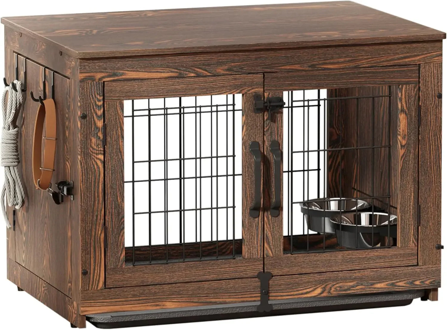 Wooden Dog Crate Furniture with 360°Rotatable Removable Dogs Bowls, Dogs Crate with Tray, Double Doors Doges Kennels for Dog