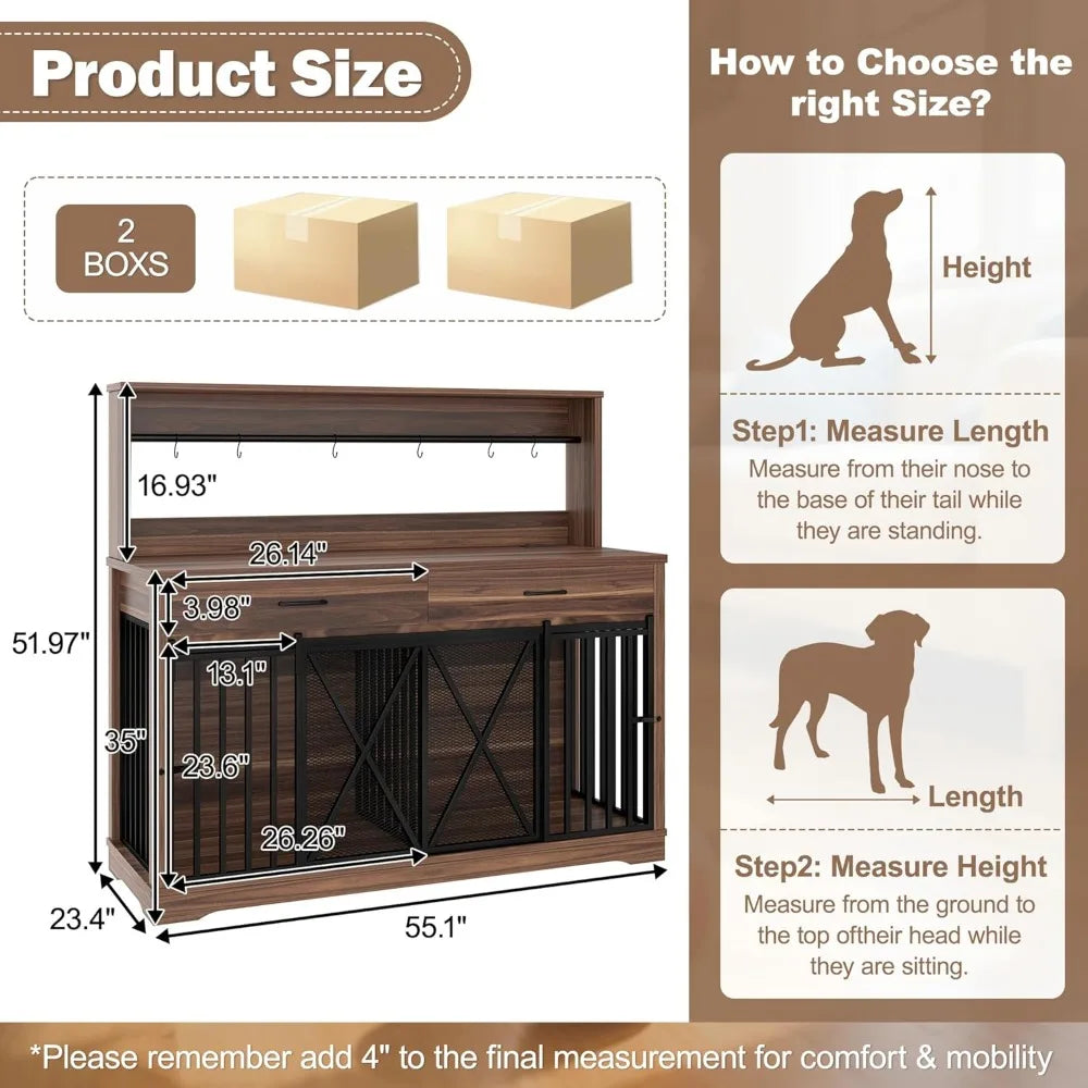 55.1" Dog Crate Furniture Heavy Duty Dog Cage with 2 Storage Drawers and Shelves TV Stand Side End Table Divider Locks