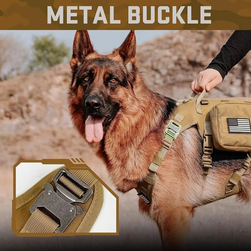 Tactical Dog Harness Large Breeds No Pull Military Collar Bungee Leash Set with MOLLE Backpack Outdoor Training