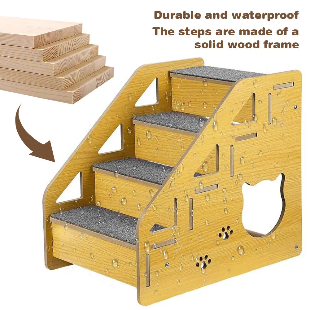 4-Step Wooden Pet Stairs Nonslip Carpeted Dog Stairs Ramp Sofa Ladder Wooden Pet Ladder for Dogs and Cats for Bed