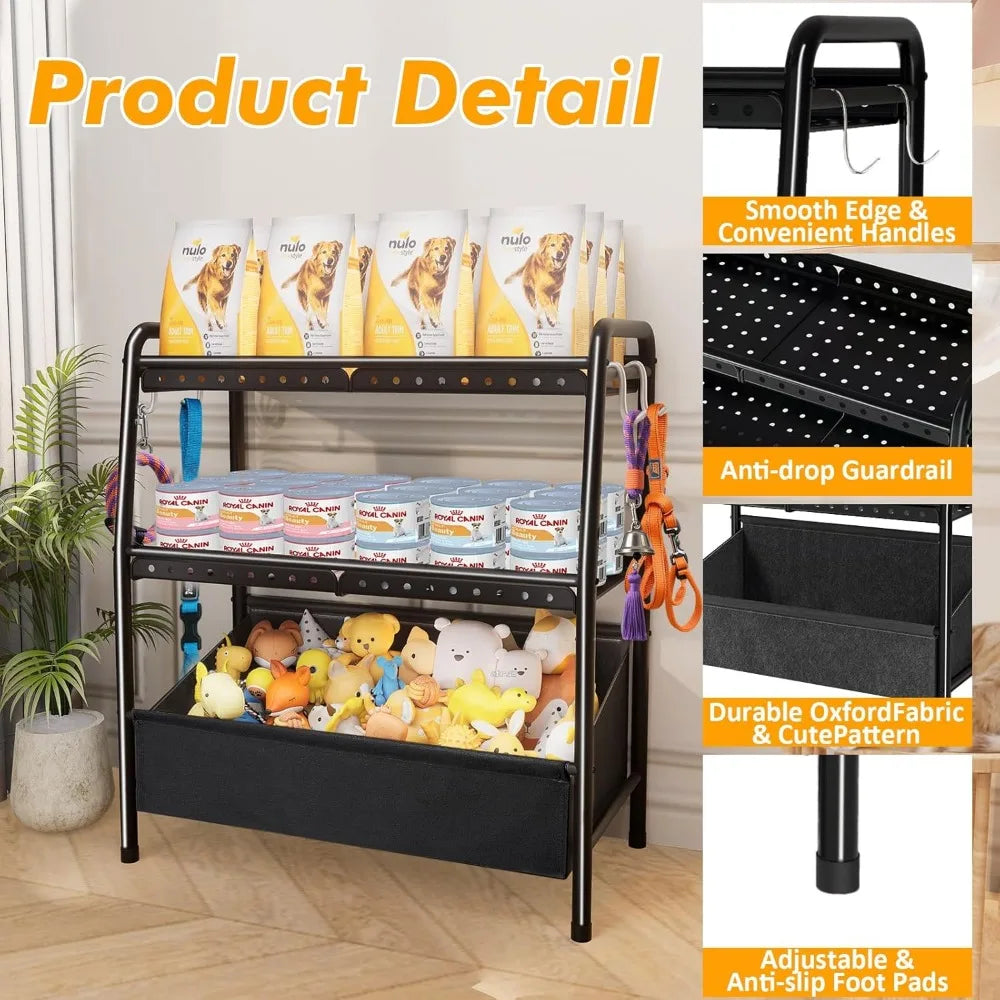 Large Dog Toy Basket Metal with Dog Storage Organizer, Dog Toy Bin Box with Collar Leash Holder Hook, Dogs Toys Holder Chest Pet