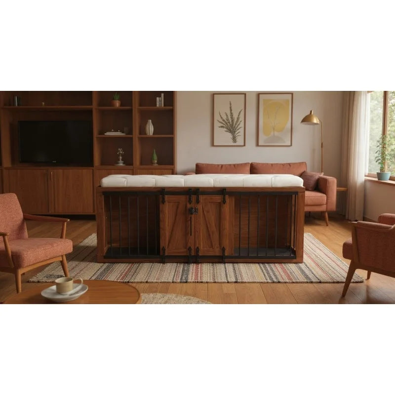 56 inch long, furniture style 2-in-1 dog box with cushioned seats, sliding barn door, luxurious wooden dog house, walnut wood