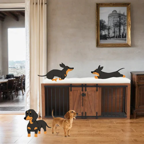 56 inch long, furniture style 2-in-1 dog box with cushioned seats, sliding barn door, luxurious wooden dog house, walnut wood