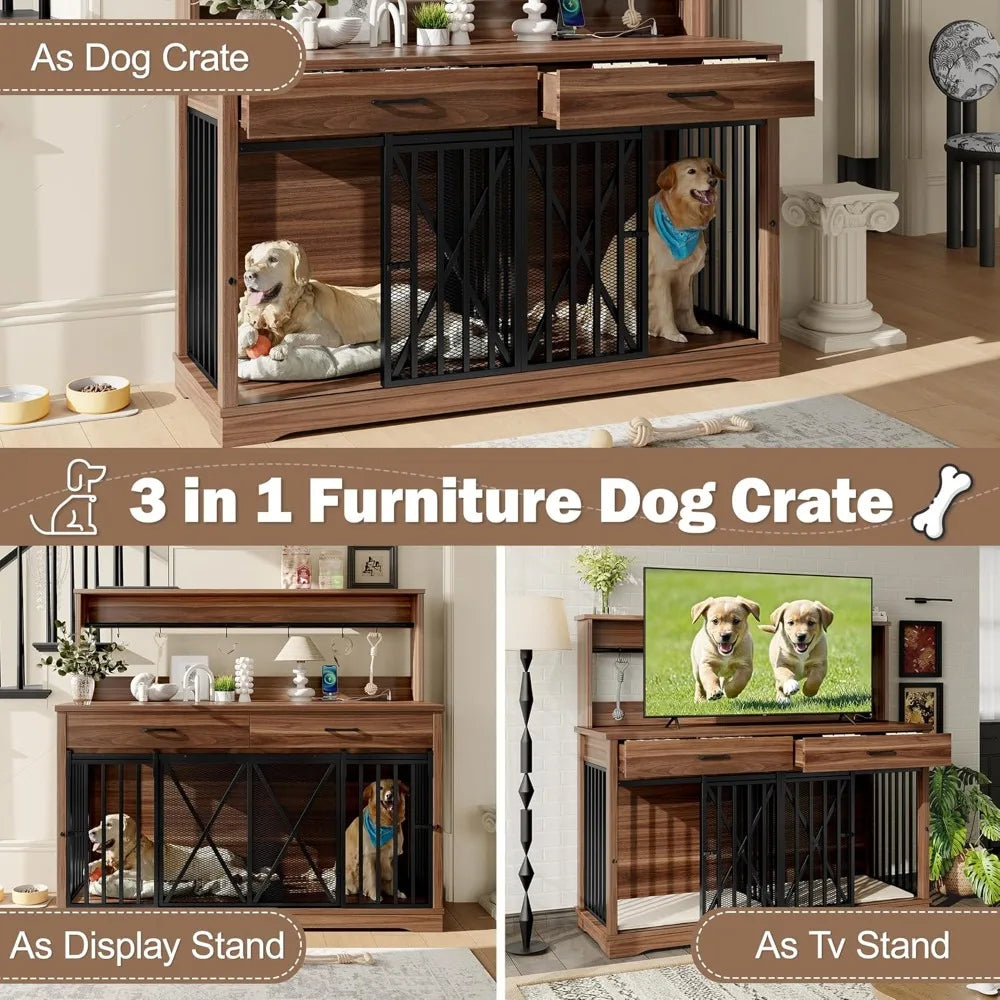 55.1" Dog Crate Furniture Heavy Duty Dog Cage with 2 Storage Drawers and Shelves TV Stand Side End Table Divider Locks