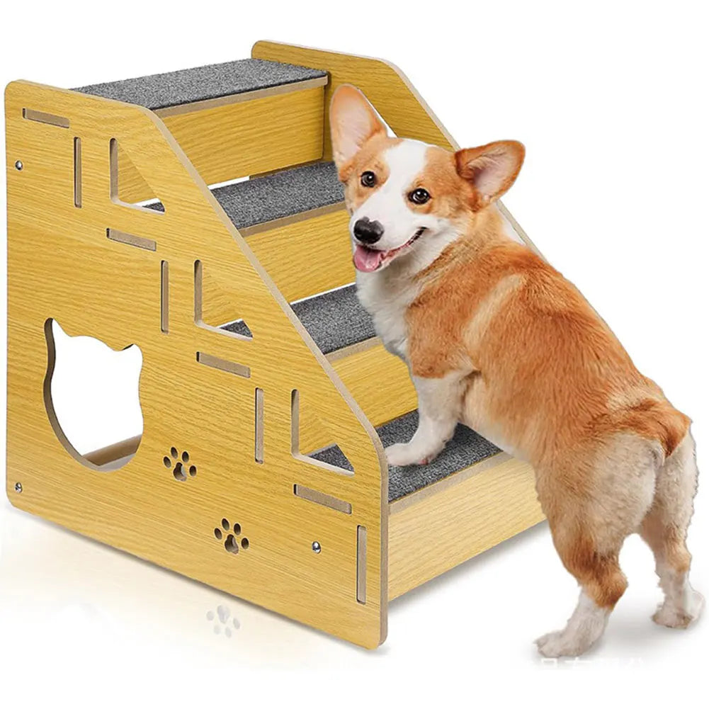 4-Step Wooden Pet Stairs Nonslip Carpeted Dog Stairs Ramp Sofa Ladder Wooden Pet Ladder for Dogs and Cats for Bed