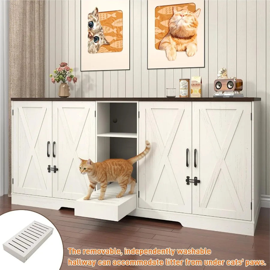 76 Inch Large Cat Litter Box Enclosure Designed for Two Cats with Integrated Power Outlets Double Wooden Pet Washroom Furniture
