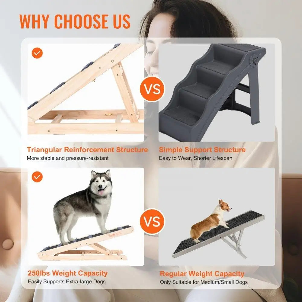 Folding Wooden Pet Ramp for Dogs and Cats Adjustable Height Non Slip Dog Ramp for bed for couch Car Ideal for small and Large
