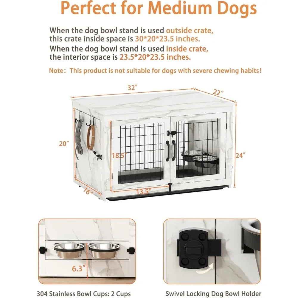 Wooden Dog Crate Furniture with 360°Rotatable Removable Dogs Bowls, Dogs Crate with Tray, Double Doors Doges Kennels for Dog