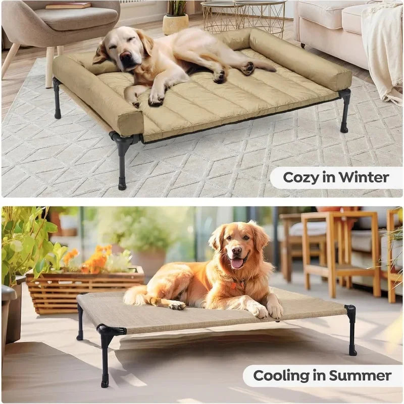 Cooling Elevated Dog Bed + Waterproof Removable Pillow-Top Mat, Bolster Dog Cot Bed, Raised Pet Cot with Breathable Mesh