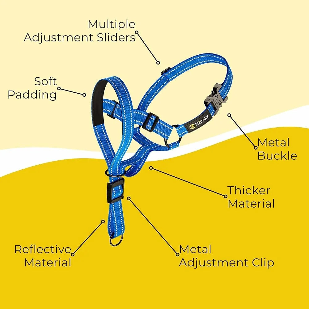 Dog Headcollar with Leash Safety Strap Prevents Pulling Adjustable Comfortable Fit Reflective Nylon Buckle Design Ideal Dogs