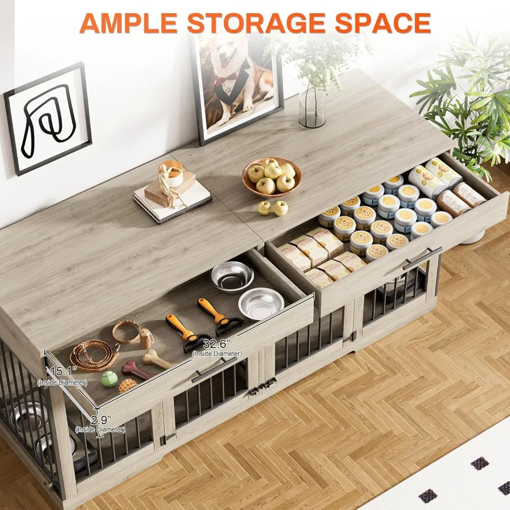 72" Dog Crate Furniture for 2 Dogs, Large Dog Kennel Furniture with 2 Storage Drawer and Removable Divider, Wooden Dog Cage