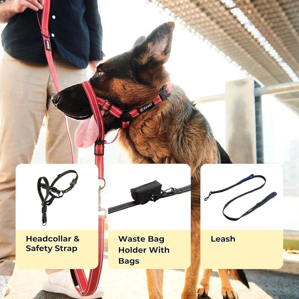 Dog Headcollar with Leash Safety Strap Prevents Pulling Adjustable Comfortable Fit Reflective Nylon Buckle Design Ideal Dogs
