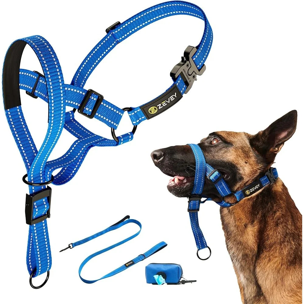 Dog Headcollar with Leash Safety Strap Prevents Pulling Adjustable Comfortable Fit Reflective Nylon Buckle Design Ideal Dogs