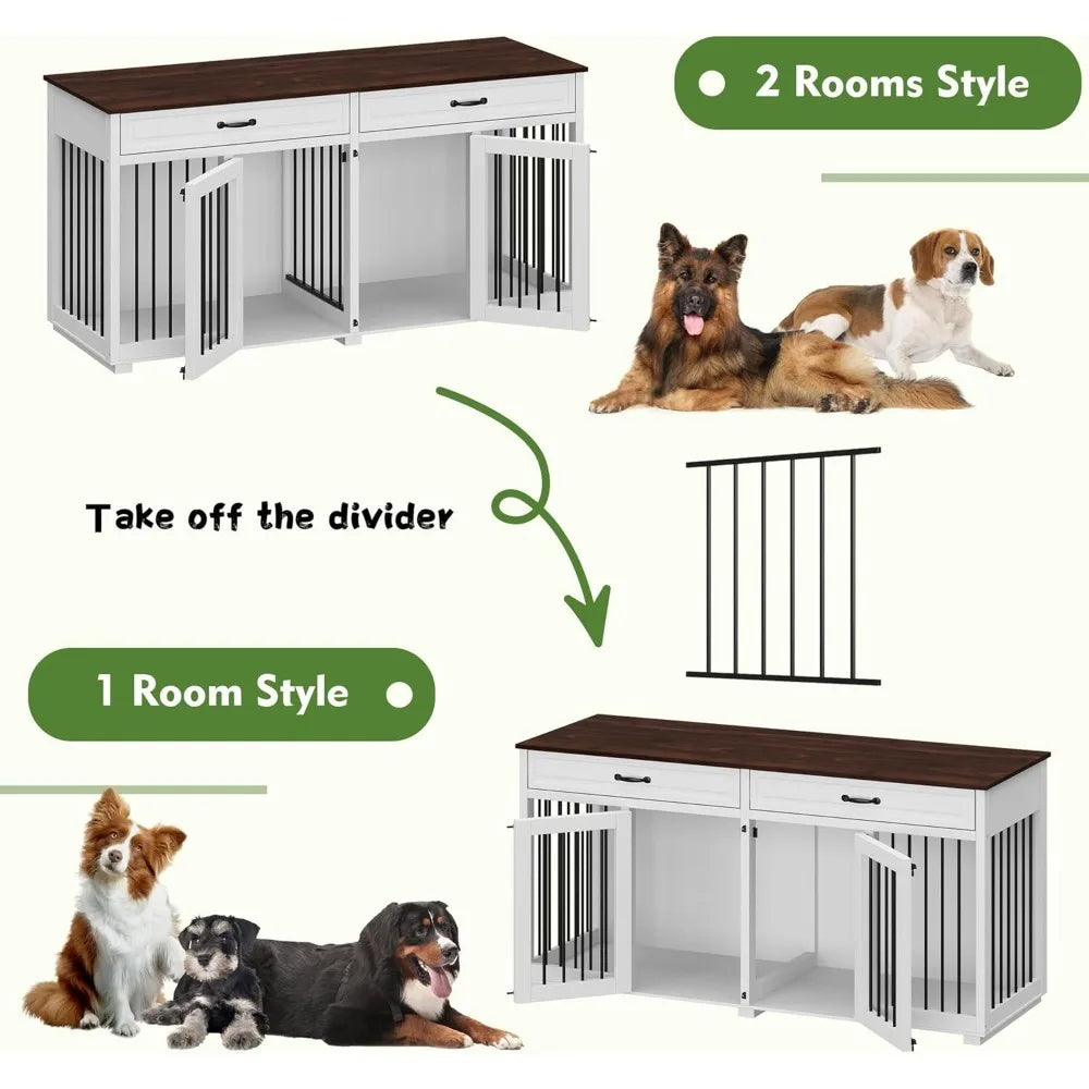 Furniture Dog Crate, Heavy Duty Wooden Cage Furniture, Indoor Dog Kennel with Drawers & Removable Divider, Luxury