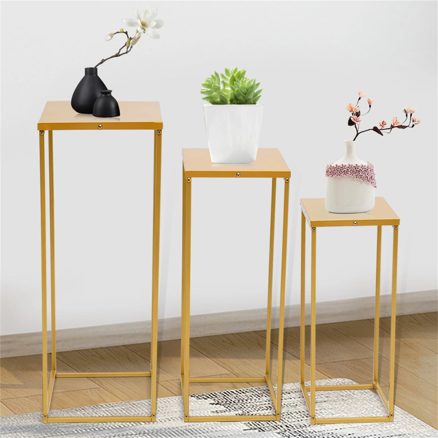 Set of 3 Metal Square Flower Stands Plant Stand Rack Art Column Road Lead Gold/Black Flower Holder For Living Room Wedding Decor