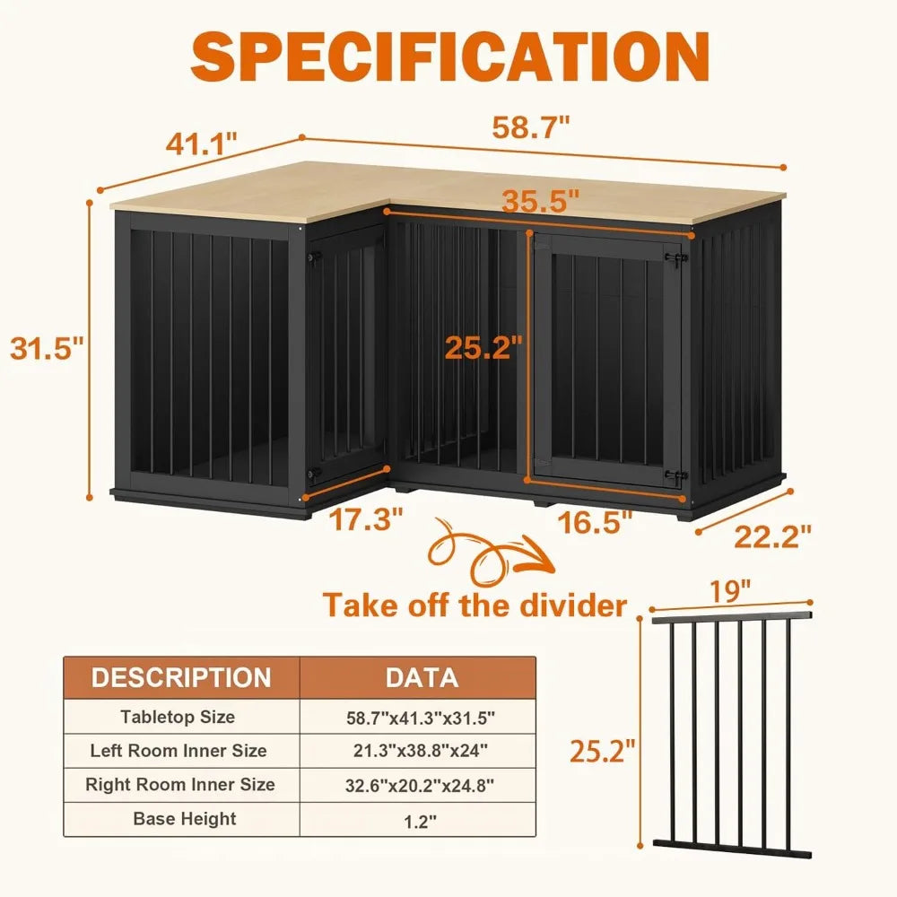 Corner Dog Crate Furniture for 2 Dogs, Indoor Wooden Furniture Style Heavy Duty Large Dog Kennel House with Double Rooms