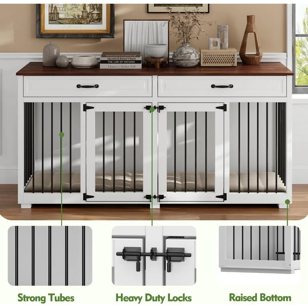 Furniture Dog Crate, Heavy Duty Wooden Cage Furniture, Indoor Dog Kennel with Drawers & Removable Divider, Luxury