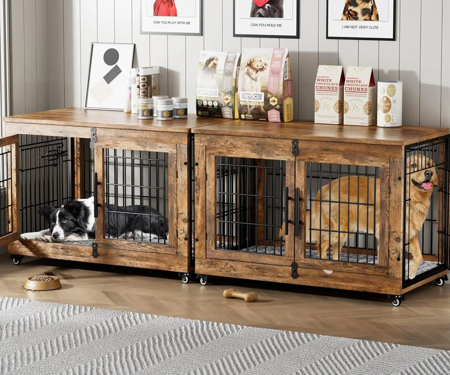 Dog Crate Furniture Set of 2, Dog Kennel Indoor Double Doors Wooden Dog Cage, 38'' Heavy Duty Crate with Cushion & Wheels