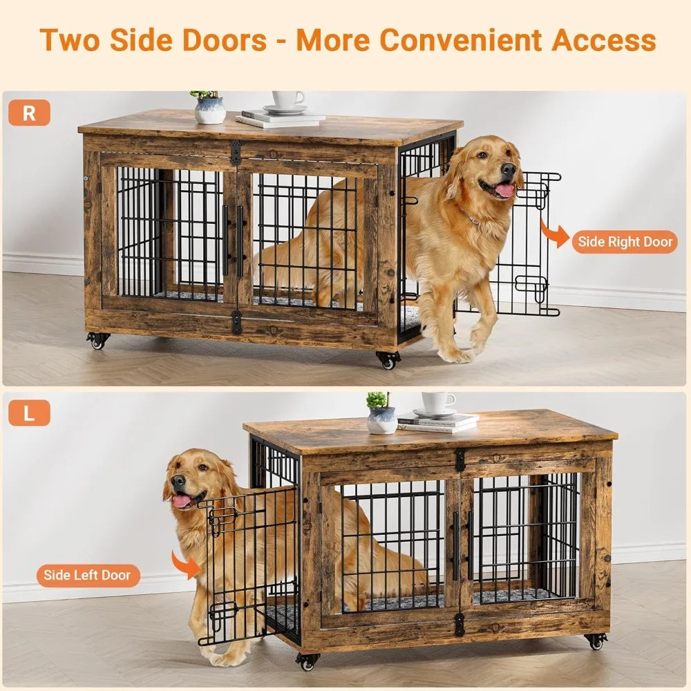 Dog Crate Furniture Set of 2, Dog Kennel Indoor Double Doors Wooden Dog Cage, 38'' Heavy Duty Crate with Cushion & Wheels