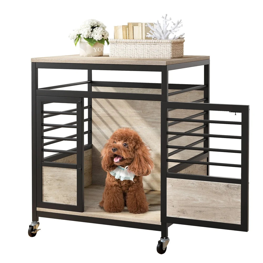 Wooden Dog Crate Furniture with Wheels Indoor Dog House Small Medium Dogs Durable Chew-Proof Design Easy Assembly