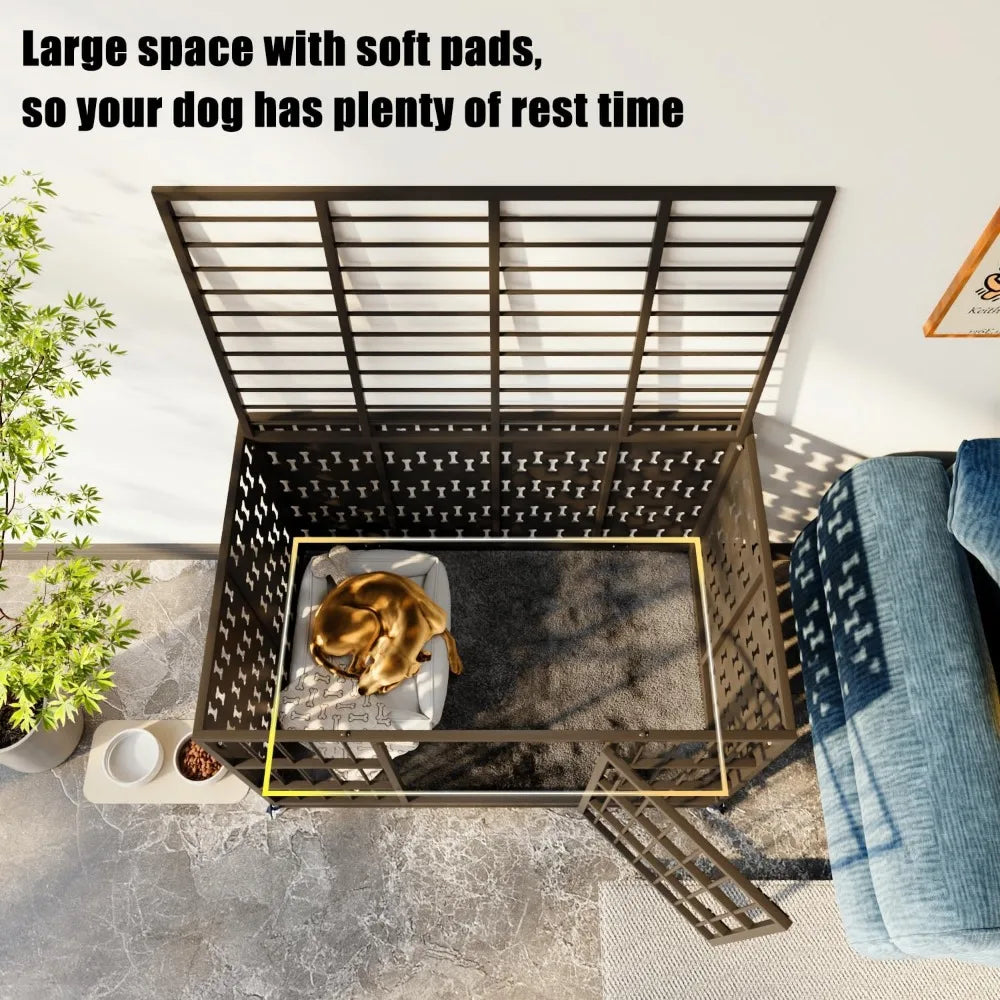 48/42 inch indestructible heavy duty dog crate with cushion, high anxiety extra large dog cage for large dogs, xl steel escape