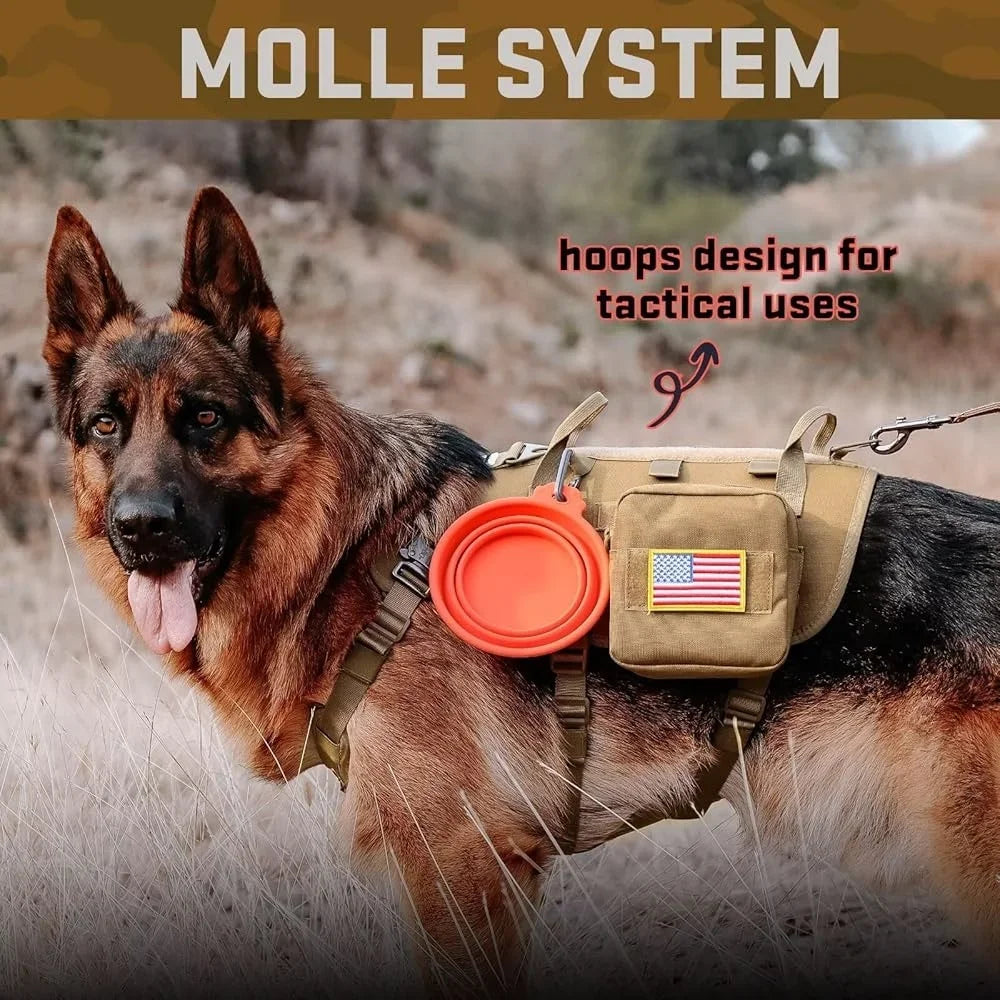 Tactical Dog Harness Large Breeds No Pull Military Collar Bungee Leash Set with MOLLE Backpack Outdoor Training