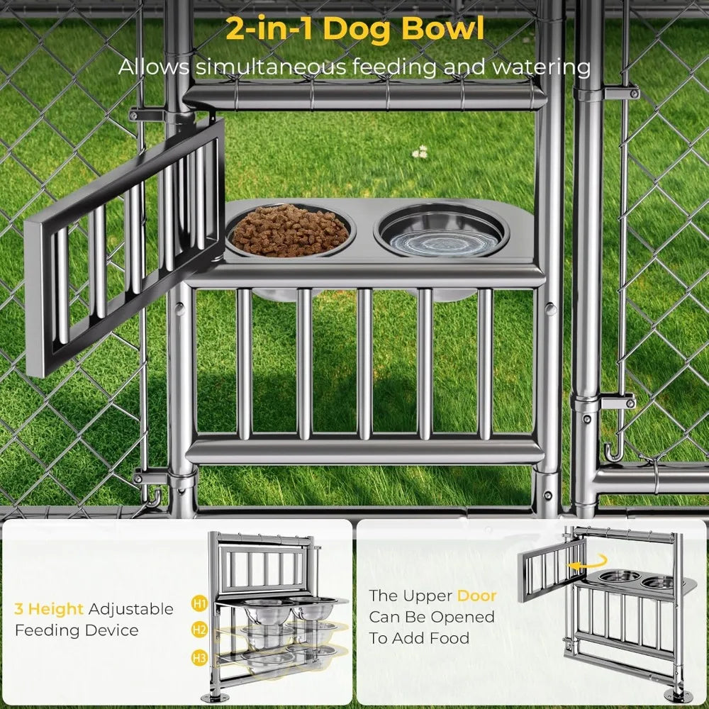 10 x 15FT Large Outdoor Dog Kennel with Bowls, Dog Kennel Outside with Waterproof Cover Roof, Galvanized