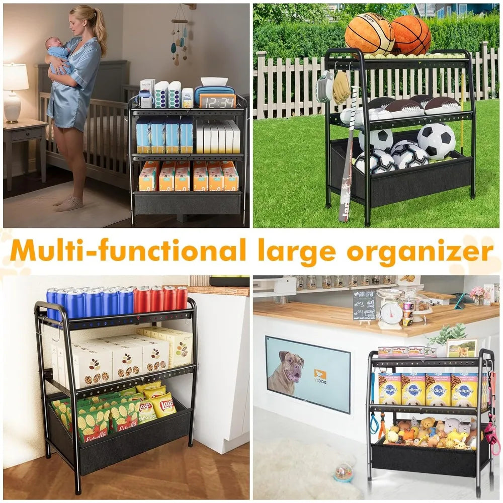 Large Dog Toy Basket Metal with Dog Storage Organizer, Dog Toy Bin Box with Collar Leash Holder Hook, Dogs Toys Holder Chest Pet