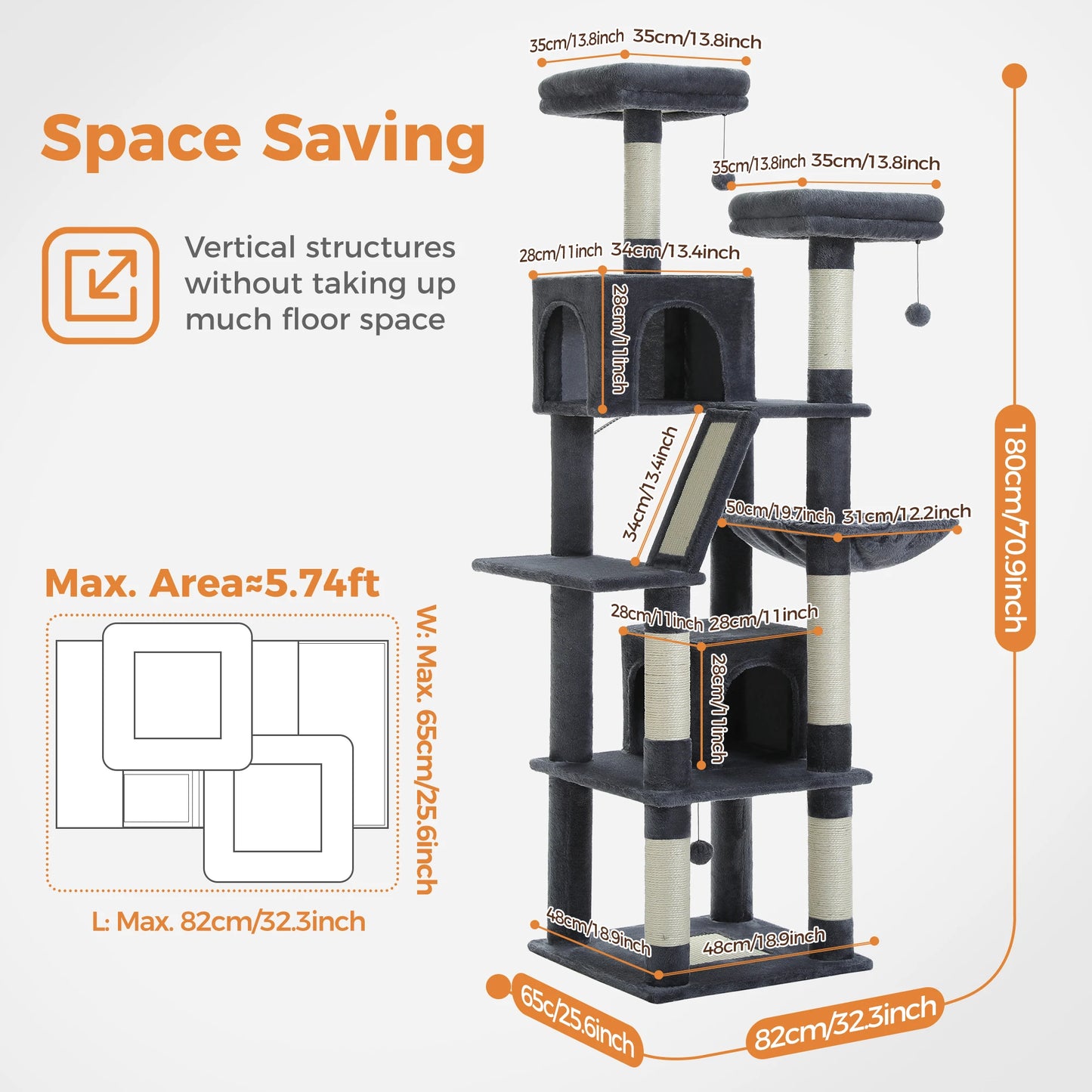 Stable&Safe Cat Tree Multi-Level Cat Tower with Spacious Hammock&Top Perches,Comfortable Condo Perfect for Indoor Cats,Cat Toy