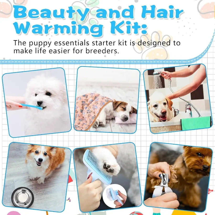 65 Pcs Puppy Supplies Starter Kit Small Dog Essentials Includes Dog Leash Toys Bowl Brushes Water Bottles Pet Blankets Puppy Ac