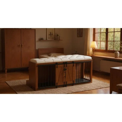 56 inch long, furniture style 2-in-1 dog box with cushioned seats, sliding barn door, luxurious wooden dog house, walnut wood