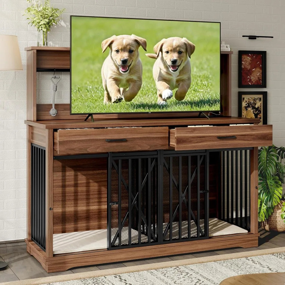 55.1" Dog Crate Furniture Heavy Duty Dog Cage with 2 Storage Drawers and Shelves TV Stand Side End Table Divider Locks