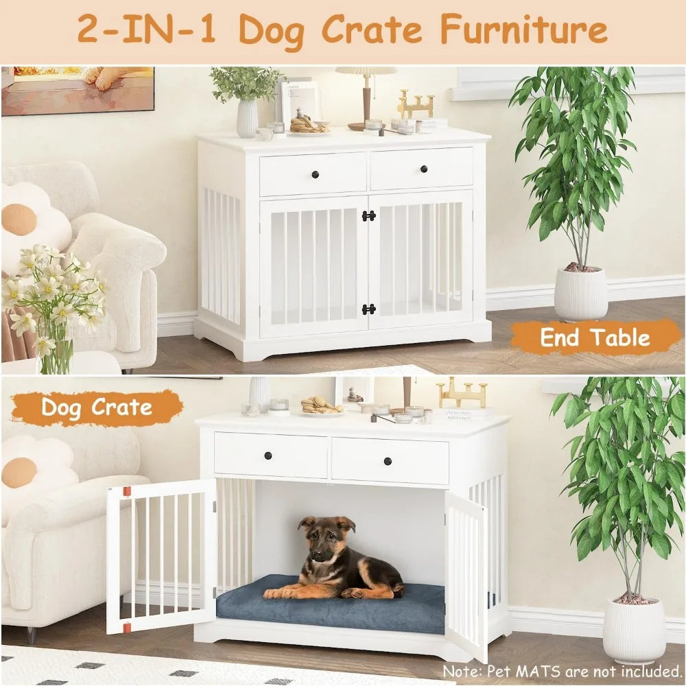 Masterpiece Dog Crate Furniture, 44 Inch Wooden Dog Kennel Indoor With 2 Storage Drawers, Heavy Duty Large Crate Furniture, Dec