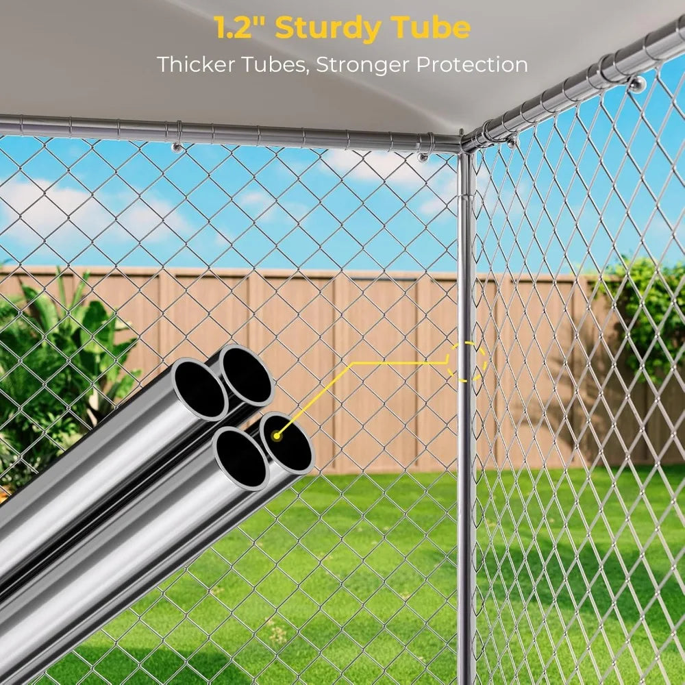 10 x 15FT Large Outdoor Dog Kennel with Bowls, Dog Kennel Outside with Waterproof Cover Roof, Galvanized