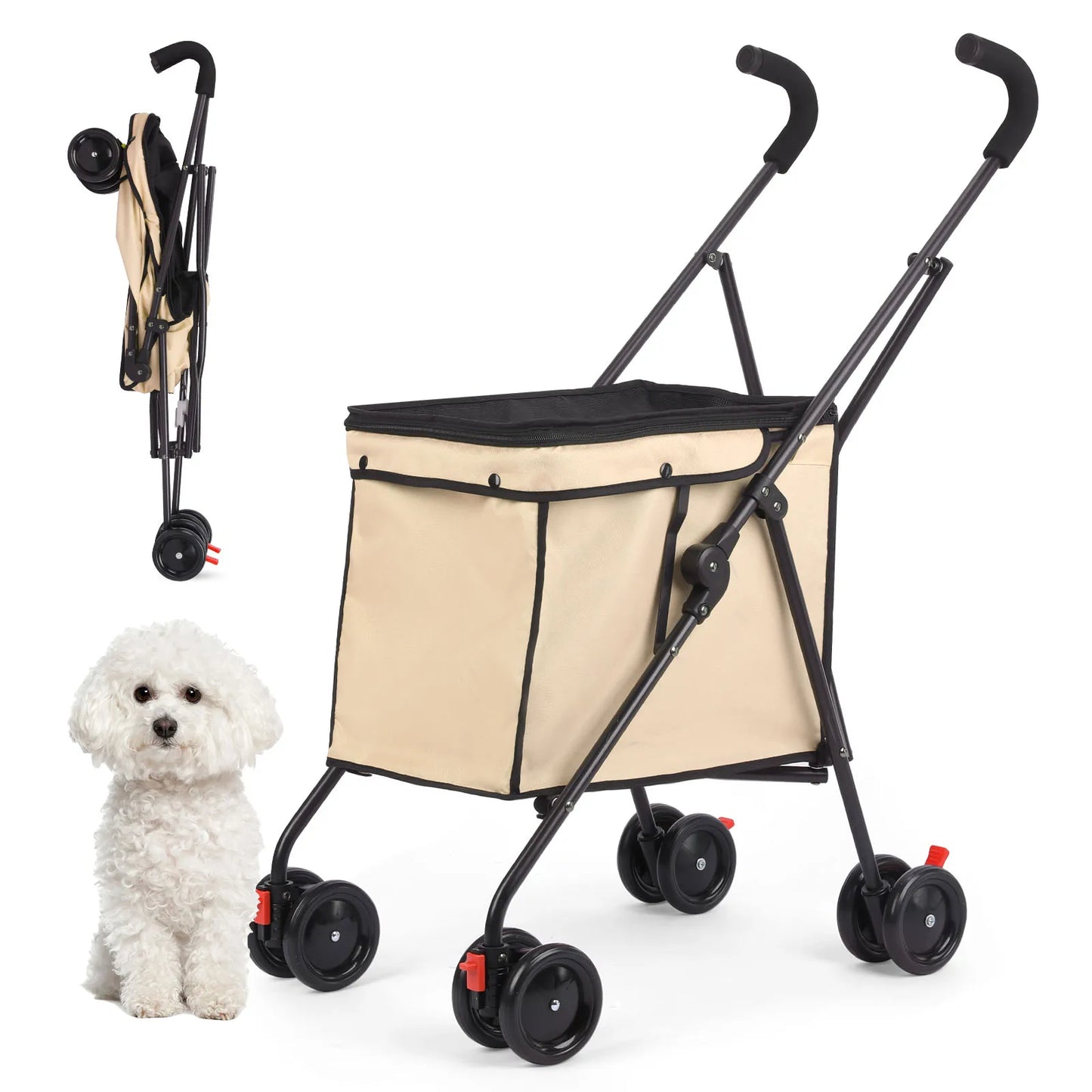 33lbs 4 Wheels Dog Stroller Rotate Pink Pet Puppy Stroller Holder for Dogs Cat Travel Hand Cart Folding Shopping Trolley