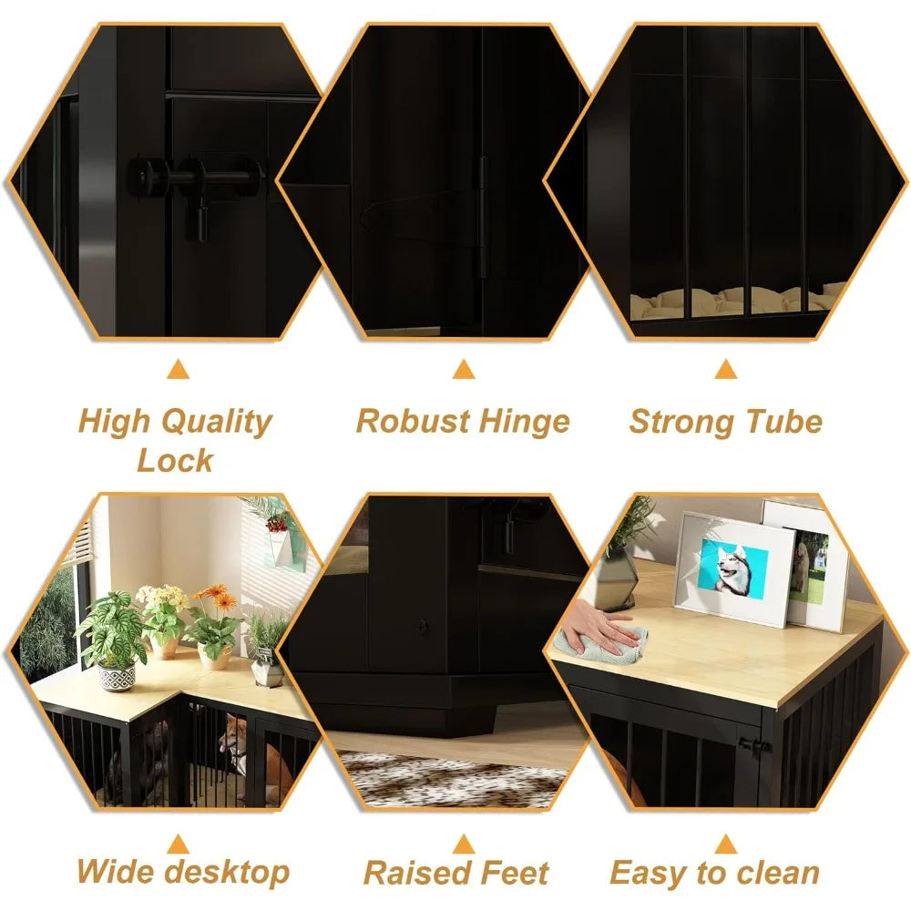 Corner Dog Crate Furniture for 2 Dogs, Indoor Wooden Furniture Style Heavy Duty Large Dog Kennel House with Double Rooms
