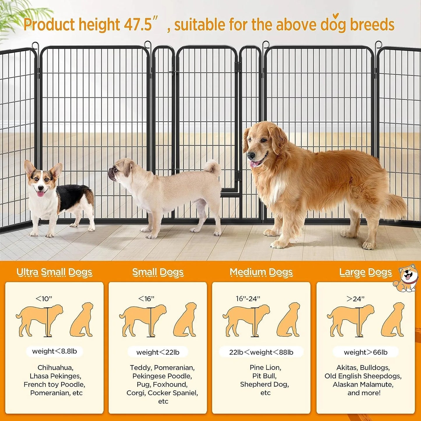 Dog Playpen Outdoor 47 inch 16 Panels Indoor Dog Fence Metal Dog Pen Heavy Duty Pet Exercise Pen for RV/Camping/Garden
