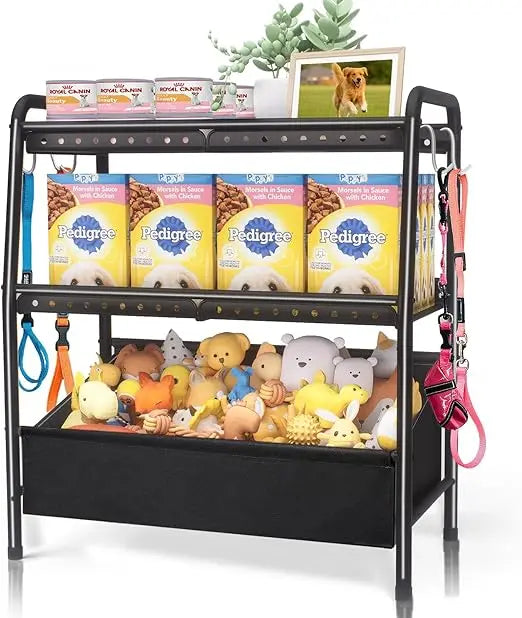 Large Dog Toy Basket Metal with Dog Storage Organizer, Dog Toy Bin Box with Collar Leash Holder Hook, Dogs Toys Holder Chest Pet