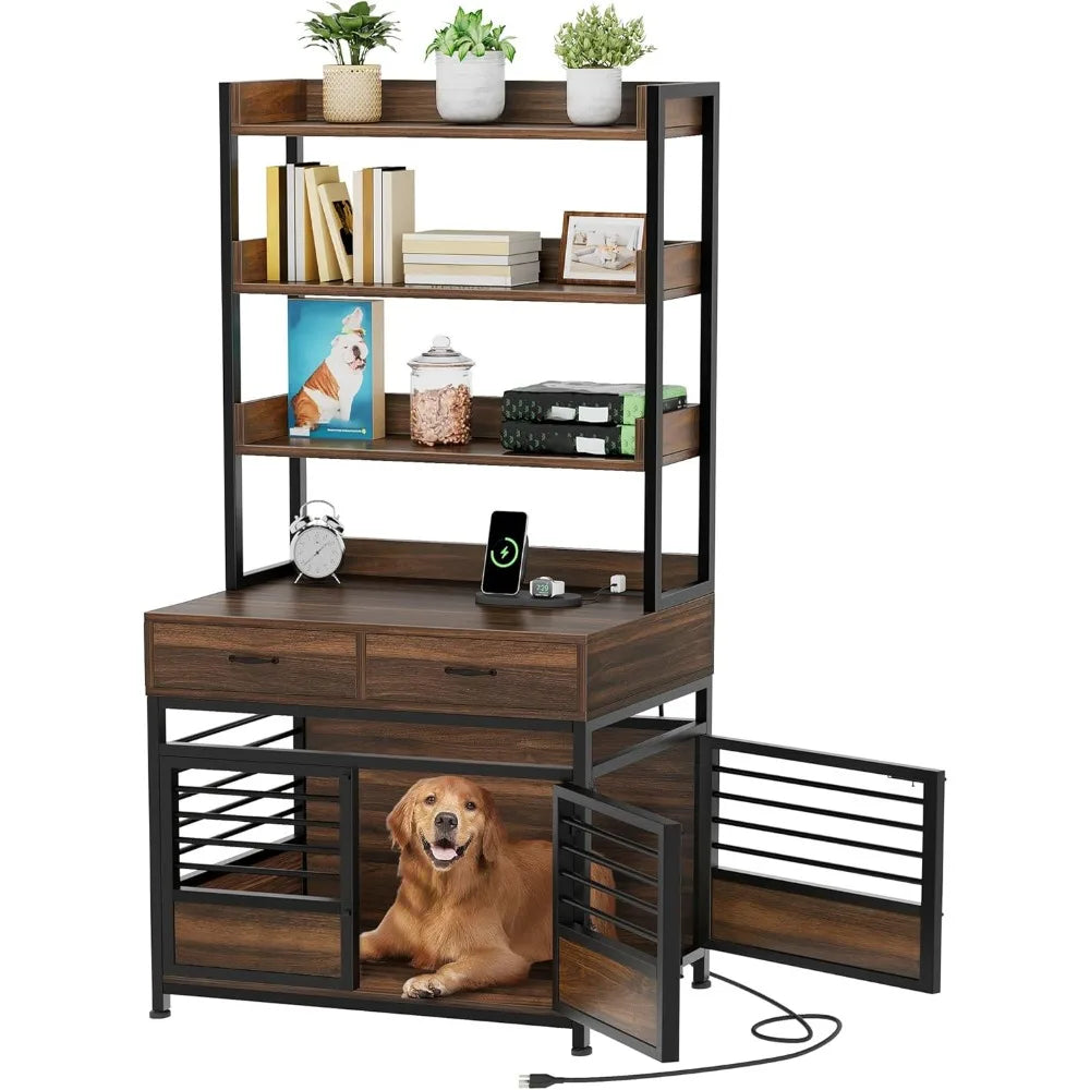 39" Dog Crate Furniture with Storage Shelves - Heavy Duty Kennel with Drawers, Charging Station & Double Doors, for Large Dogs