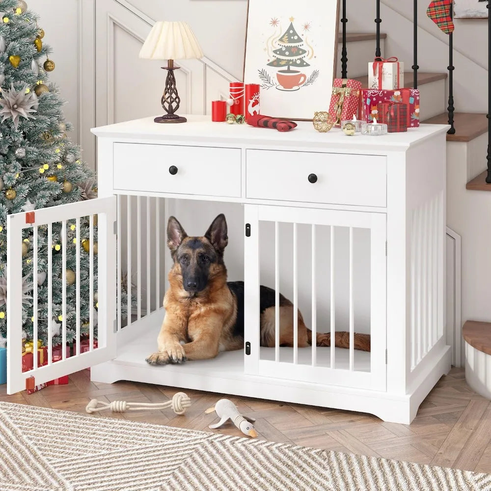 Masterpiece Dog Crate Furniture, 44 Inch Wooden Dog Kennel Indoor With 2 Storage Drawers, Heavy Duty Large Crate Furniture, Dec