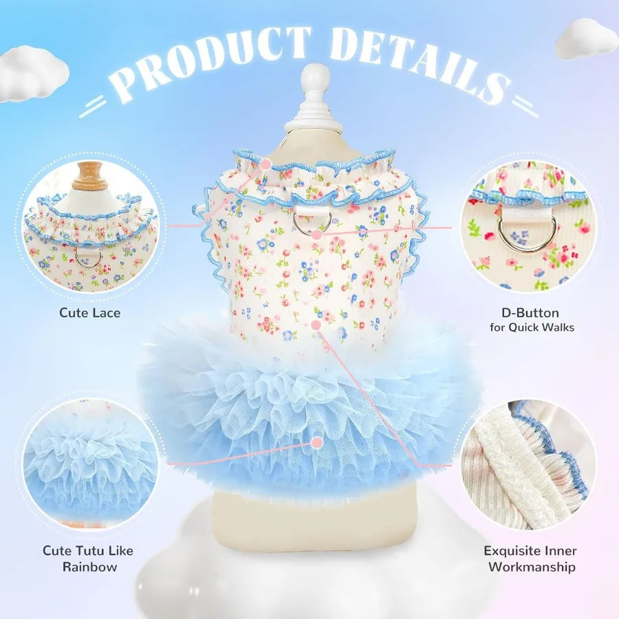 Floral Dog Cat Dress with Tutu Skirt Breathable Stretch Pet Clothes for Small Dogs Girl Cats Puppies Birthday Party Outfit in B