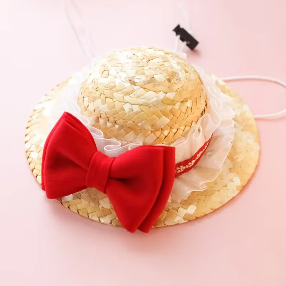 Ins Dog Hat Pet Clothes Accessories Weave Lace Sunshade Cute Pet Straw Hat High Provide Dog step Corbata para mascotas Ties